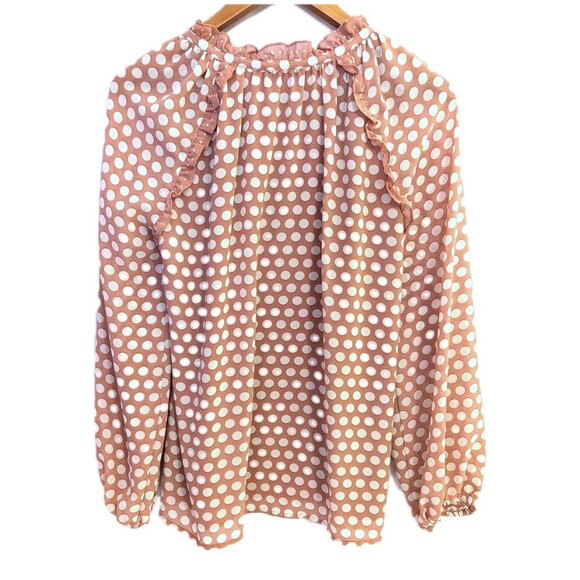 Rose + Olive | Pink Long Sleeve Ruffle Collar Polka Dot Blouse | Size Small - Picture 9 of 13
